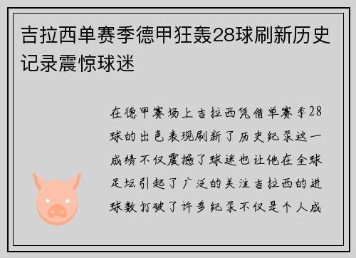 吉拉西单赛季德甲狂轰28球刷新历史记录震惊球迷